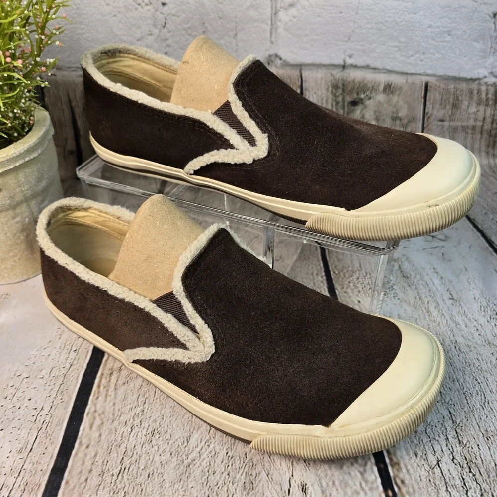 ALDO BROWN SUEDE SLIP ON SNEAKER LOAFER CREAM TRIM WOMENS SIZE 39 EURO